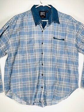Vintage Quizz Plus Size 20 Plaid Button Down Shirt Denim Collar Blue White